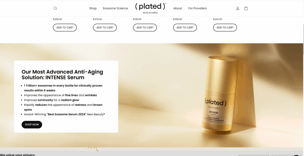 ( plated )™ Skin Science is a U.S.-based biotechnology skincare company pioneering platelet-derived exosome formulations through its patented Renewosome™ technology, delivering clinically proven, regenerative serums that bridge medical science and luxury skincare.