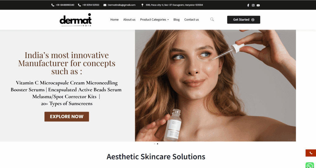 Dermat India is an India-based GMP-certified skincare manufacturer specializing in advanced exosome formulations, offering full in-house R&D, microbiological testing, and scalable private label production with globally sourced ingredients and automated precision systems.