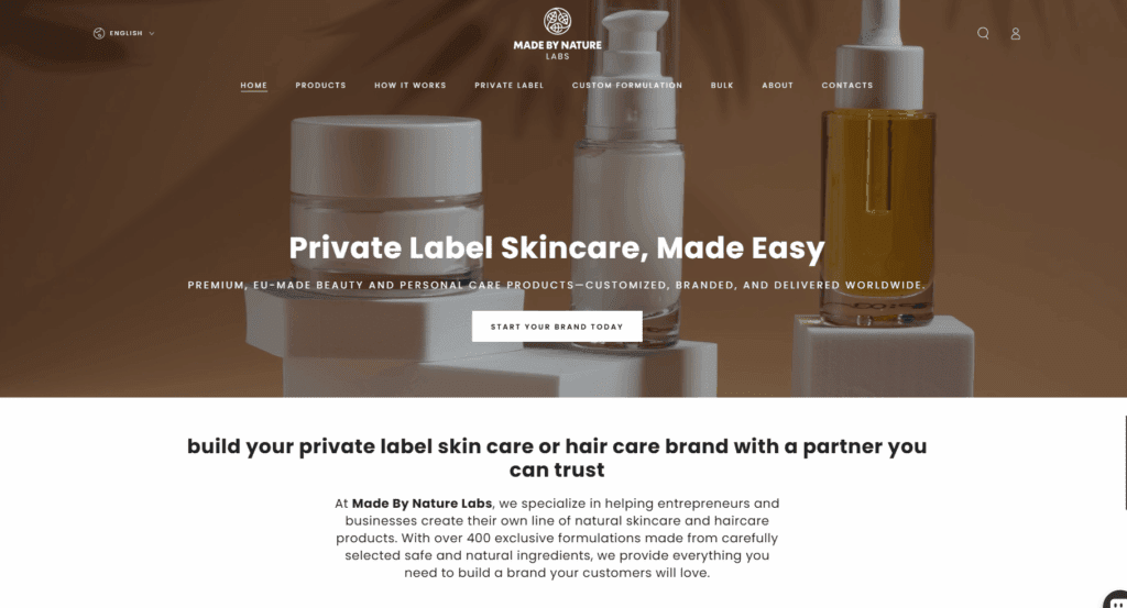 Made By Nature Labs is a European private label skincare manufacturer offering low-MOQ, clean beauty formulations and customizable exosome skincare development, with GMP-certified production and full branding support for startups in 80+ countries.